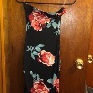 Long Strapless Black And Floral Print Dress